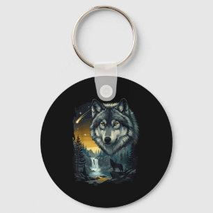 Heulender Wolf Wasserfall Szene für Naturliebhaber Schlüsselanhänger