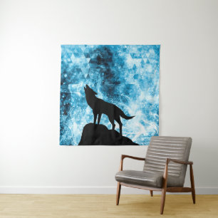 Heulender Wolf Winter schneebedeckter blauer Rauch Wandteppich