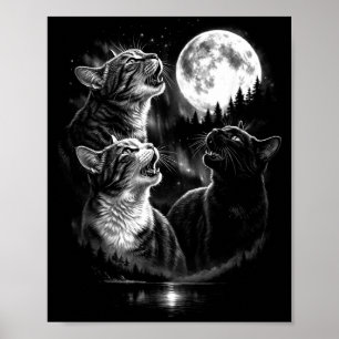 Heulendes 3 Katzen Mond Vintage Retro Stil Lustig Poster