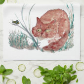 Heuschrecke neckt das Kätzchen, Sumi-e Handtuch (Gefaltet)