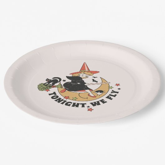 Heute Abend fliegen wir Niedlich Hexe Pappteller (Schrägansicht)