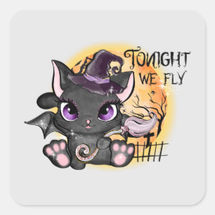 Heute Abend fliegen wir - Schwarze Hexenkatze Quadratischer Aufkleber