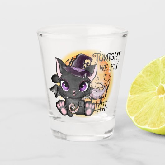 Heute Abend fliegen wir - Schwarze Hexenkatze Schnapsglas (Vorderseite)