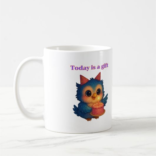 Heute ist ein Geschenk - Positive Owl Illustration Kaffeetasse (Links)