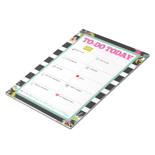 Heute - Schwarz-Weiß-Streifen, floraler Notepad Notizblock (angewinkelt)