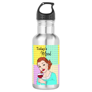 Heutige Stimmung, Retro-Dame mit Wein Edelstahlflasche