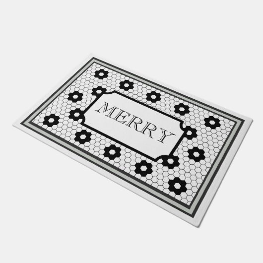 Hex Fliesen Design grün Frohe Weihnachten Fußmatte (Schrägansicht)