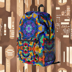 Hex Mandala Blau Gelb Rot und Grün Bedruckter Rucksack