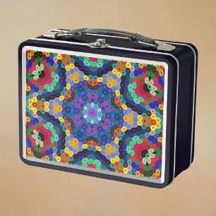 Hex Mandala Blau Gelb Rot und Grün Metall Brotdose