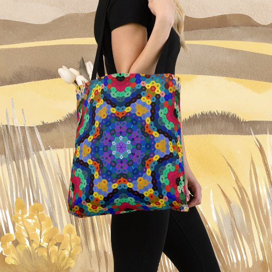 Hex Mandala Blau Gelb Rot und Grün Tasche