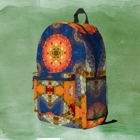 Hex Mandala Blue Orange und Red Bedruckter Rucksack