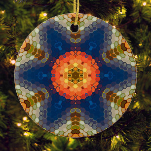 Hex Mandala Blue Orange und Red Keramik Ornament