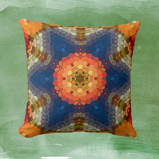 Hex Mandala Blue Orange und Red Kissen (Blue Orange and Red Hexagon Mandala Throw Pillow by Wormhole Orbital)