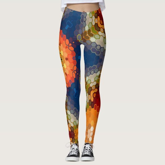 Hex Mandala Blue Orange und Red Leggings (Vorderseite)