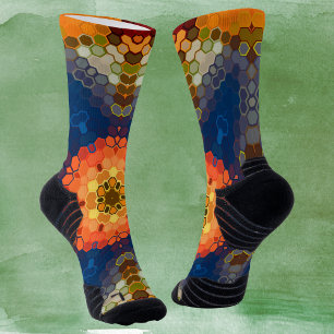 Hex Mandala Blue Orange und Red Socken
