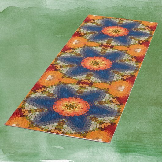Hex Mandala Blue Orange und Red Yogamatte