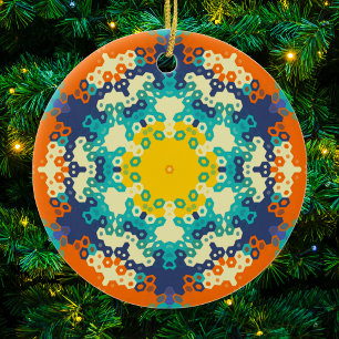 Hex Mandala Blue Orange und Yellow Keramik Ornament