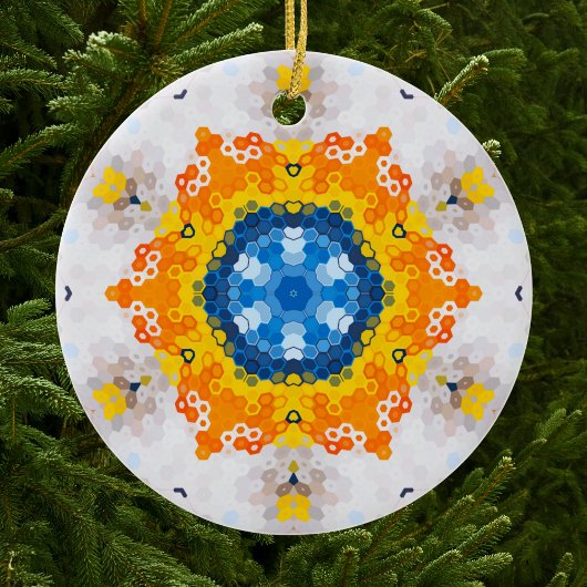 Hex Mandala Blue Yellow Orange und White Keramik Ornament