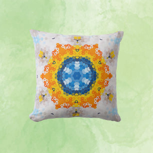 Hex Mandala Blue Yellow Orange und White Kissen