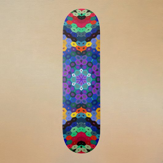 Hex Mandala Blue Yellow Red and Green Skateboard