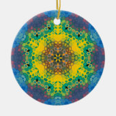 Hex Mandala Gelb Blau und Rosa Keramik Ornament (Vorne)