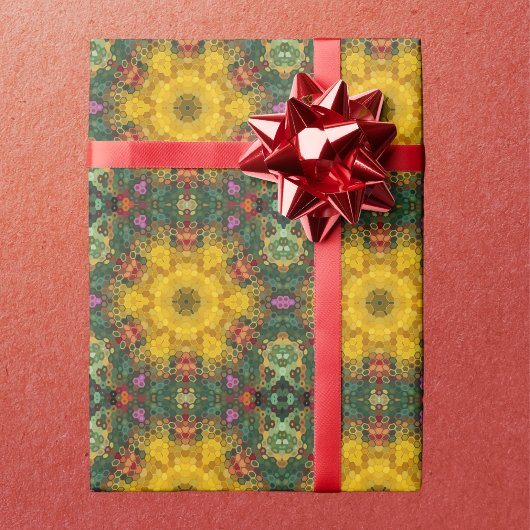 Hex Mandala Gelb Grün und Orange Geschenkpapier
