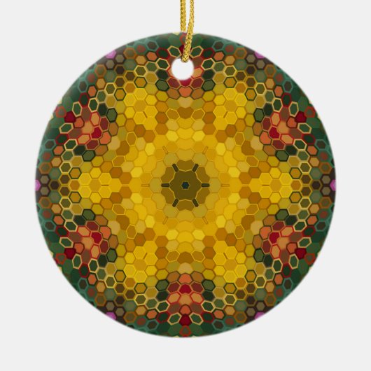 Hex Mandala Gelb Grün und Orange Keramik Ornament (Vorne)