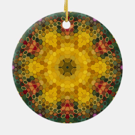 Hex Mandala Gelb Grün und Orange Keramik Ornament (Hinten)