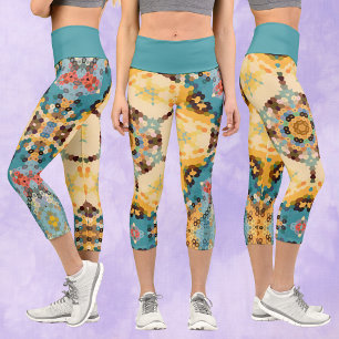 Hex Mandala Gelb und Blau Capri Leggings