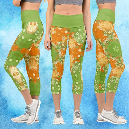 Hex Mandala Green und Orange Capri Leggings