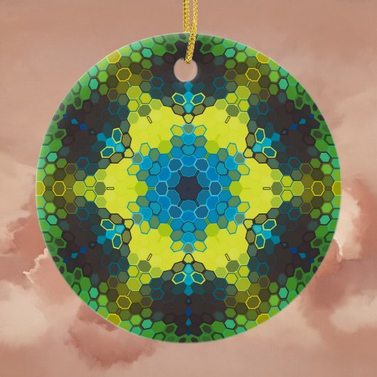 Hex Mandala Green Yellow und Blue Keramik Ornament