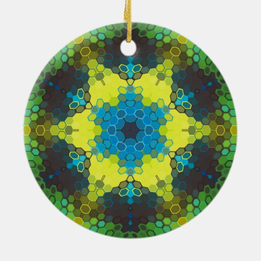 Hex Mandala Green Yellow und Blue Keramik Ornament (Hinten)