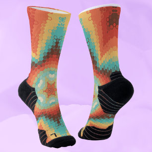 Hex Mandala Orange Blue und Yellow Socken