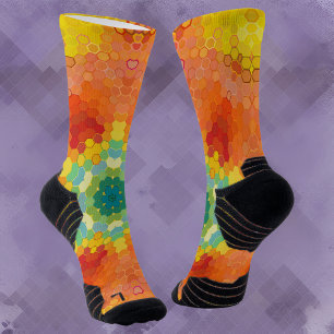 Hex Mandala Orange Yellow Red and Blue Socken