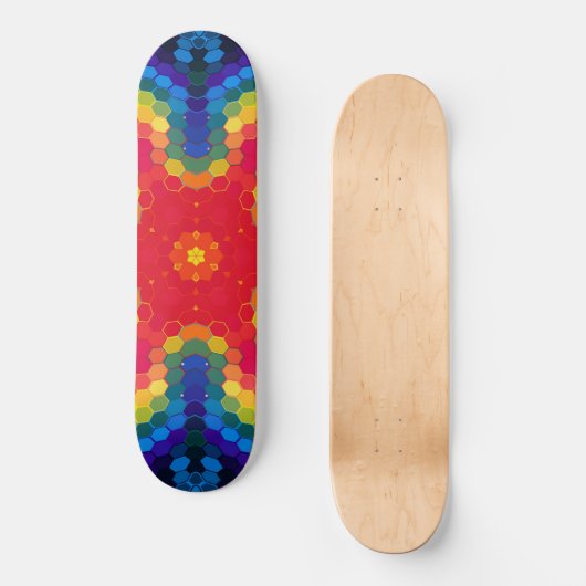 Hex Mandala Red Yellow and Blue Skateboard (Vorderseite)
