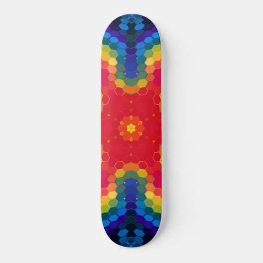 Hex Mandala Red Yellow and Blue Skateboard (Vorderseite)