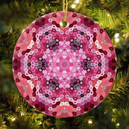 Hex Mandala Rosa und Weiß Keramik Ornament
