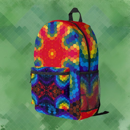 Hex Mandala Rot Gelb und Blau Bedruckter Rucksack