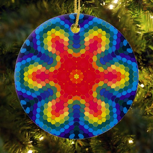 Hex Mandala Rot Gelb und Blau Keramik Ornament