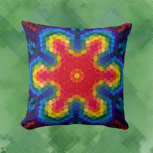 Hex Mandala Rot Gelb und Blau Kissen