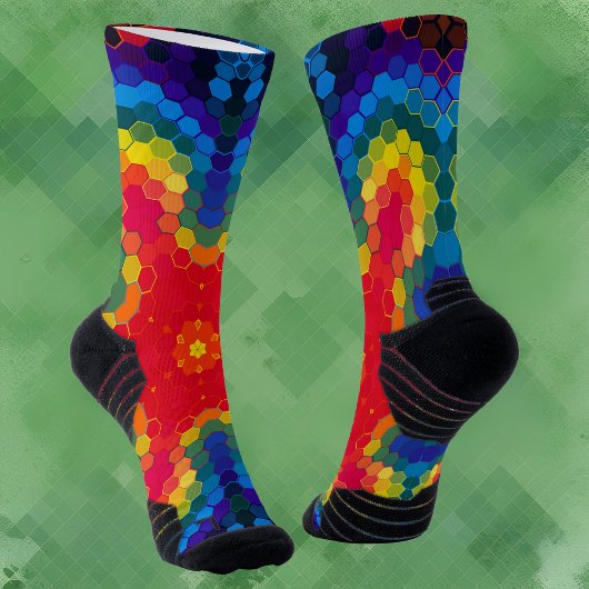 Hex Mandala Rot Gelb und Blau Socken