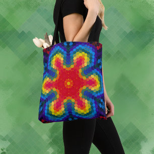 Hex Mandala Rot Gelb und Blau Tasche