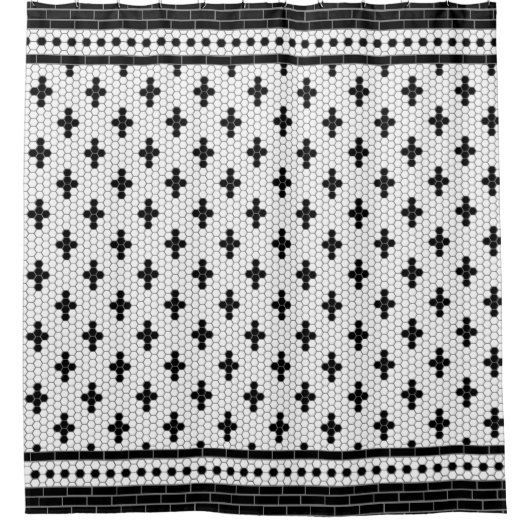Hex Tile Mosaik Schwarz-Weiß Duschvorhang (Vorderseite)