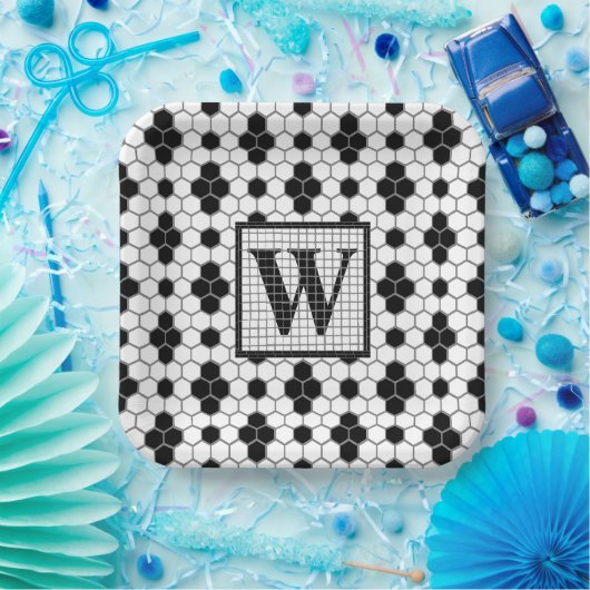 Hex Tile Print Monogram Paper Plate Pappteller (Party)