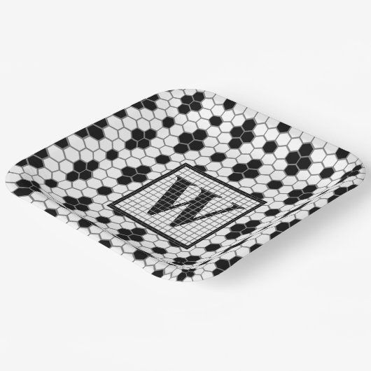 Hex Tile Print Monogram Paper Plate Pappteller (Gewinkelt)