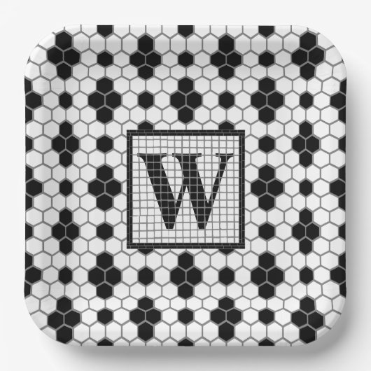 Hex Tile Print Monogram Paper Plate Pappteller (Vorderseite)