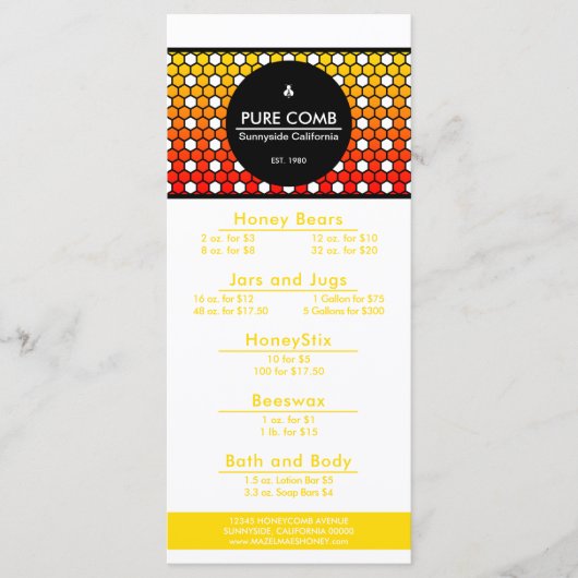 Hexa Bienenwaben-Bienenhaus-Honig-Bienen-Menü Menükarte (Vorderseite)