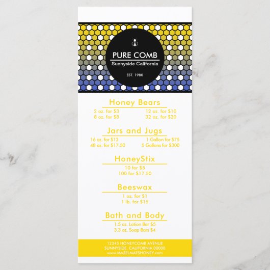 Hexa Honeycomb Apiary Honey Menu Menükarte (Vorderseite)