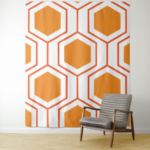 Hexagon abstract geometrical pattern in orange and wandteppich