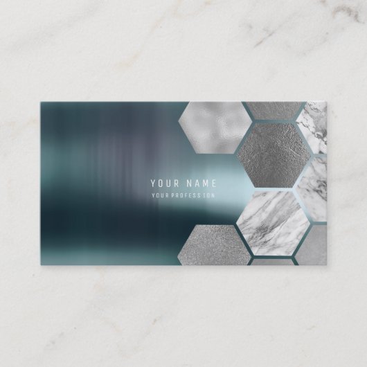 Hexagon Aquamarin Metallic Steel Marmor Silver Gra Visitenkarte (Vorderseite)
